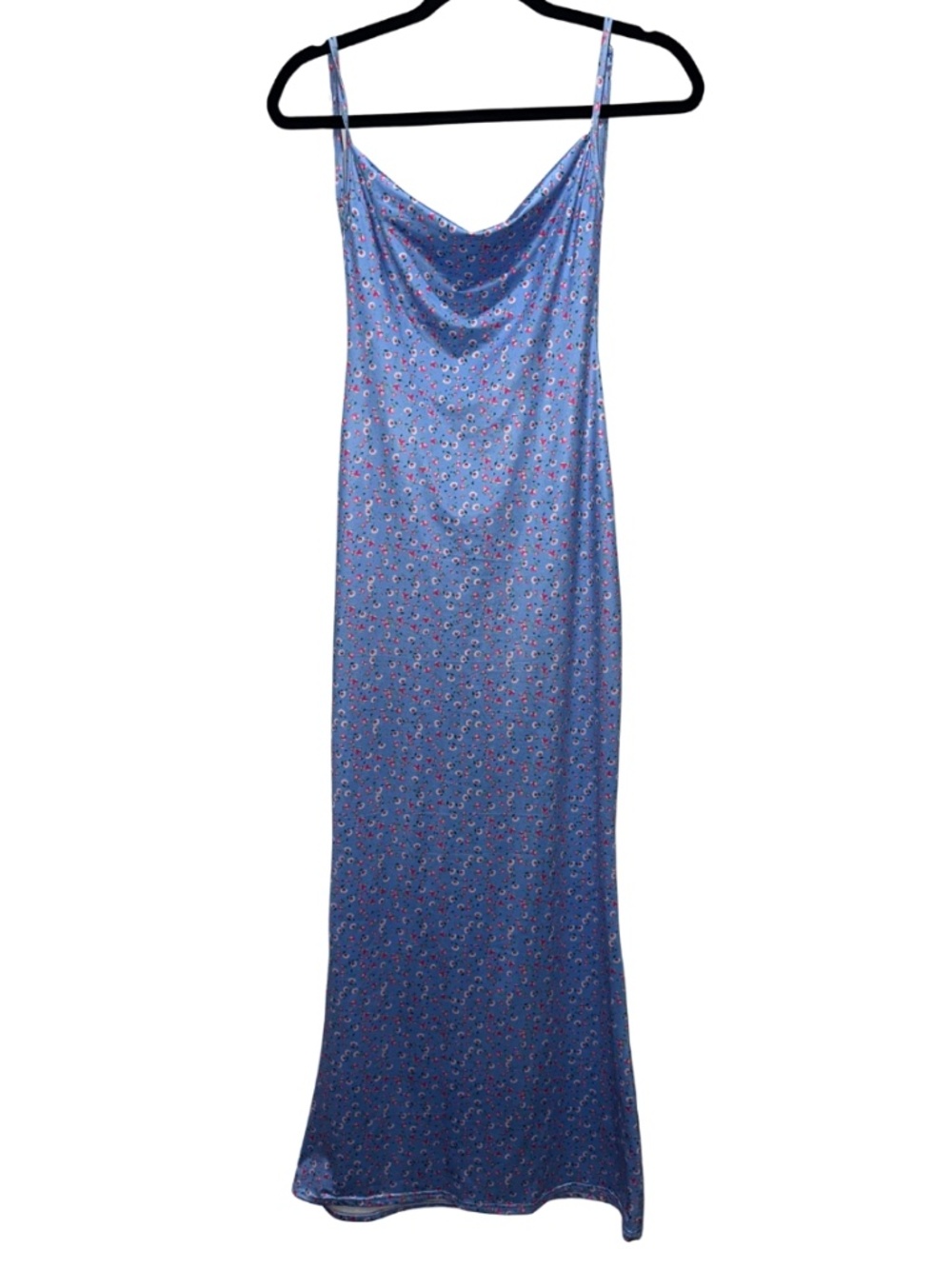 Blue open back dress with dainty pink & white flowers
